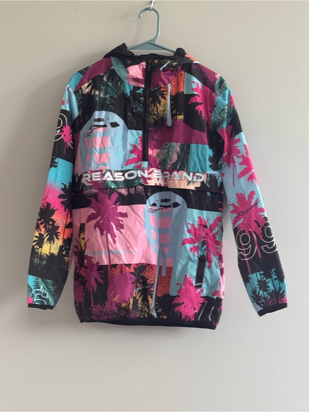 Reason Brand Tropical Palm Print Windbreaker Quarter Zip Jacket Hooded Small
